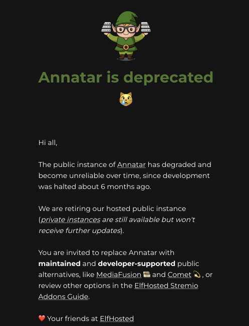 ElfHosted deprecates public Annatar